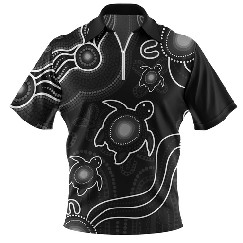 Australia Zip Polo Shirt Aboriginal Turtle Dreaming Journey Featuring Dot Art Australia Zip Polo Shirt Aboriginal Turtle Dreaming Journey Featuring Dot Art