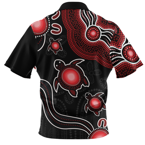 Australia Zip Polo Shirt Aboriginal Turtle Dreaming Journey Featuring Dot Art Australia Zip Polo Shirt Aboriginal Turtle Dreaming Journey Featuring Dot Art