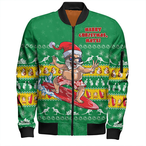 Australia Bomber Jacket Merry Christmas Mate Surf's Up Santa