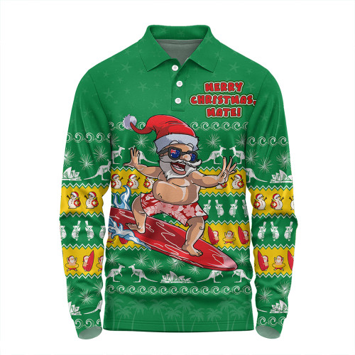 Australia Long Sleeve Polo Shirt Merry Christmas Mate Surf's Up Santa Australia Long Sleeve Polo Shirt Merry Christmas Mate Surf's Up Santa