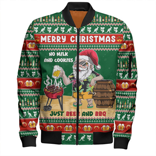 Australia Bomber Jacket Merry Christmas, Grilling Santa With Barbecue And Beer