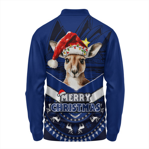 Australia Long Sleeve Polo Shirt Holiday Kangaroo Merry Christmas Blue