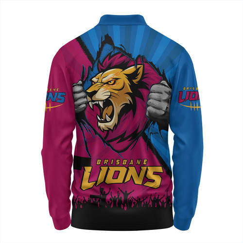 Brisbane Lions Long Sleeve Polo Shirt Breaking Through Fan Design