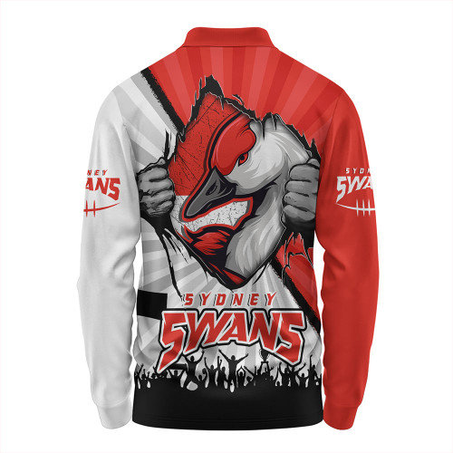 Sydney Swans Long Sleeve Polo Shirt Breaking Through Fan Design Sydney Swans Long Sleeve Polo Shirt Breaking Through Fan Design