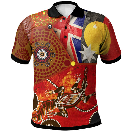 Australia Polo Shirt - Aboriginal Dot Patterns & Flags , Crocodile
