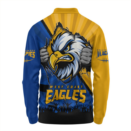 West Coast Eagles Long Sleeve Polo Shirt Breaking Through Fan Design West Coast Eagles Long Sleeve Polo Shirt Breaking Through Fan Design