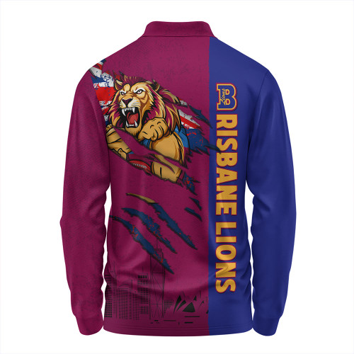 Brisbane Lions Long Sleeve Polo Shirt Burning Passion Of Power Scratch Style