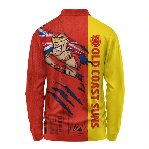Gold Coast SUNS Long Sleeve Polo Shirt Burning Passion Of Power Scratch Style Gold Coast SUNS Long Sleeve Polo Shirt Burning Passion Of Power Scratch Style