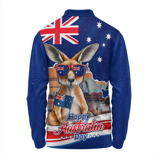 Australia Long Sleeve Polo Shirt Happy Australia Day Kangaroo With Sydney Opera House At Sunset