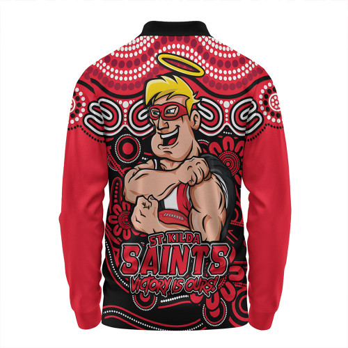 St Kilda Long Sleeve Polo Shirt Aboriginal Inspired Tough Fan Football For Life