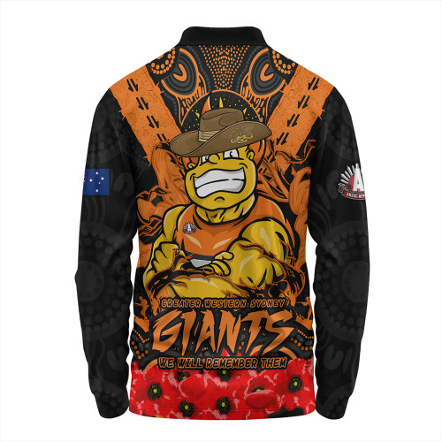 GWS GIANTS Long Sleeve Polo Shirt Ripped Legacy Of The Game The ANZAC Spirit Lives On GWS GIANTS Long Sleeve Polo Shirt Ripped Legacy Of The Game The ANZAC Spirit Lives On