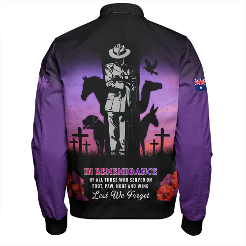 Australia Bomber Jacket Anzac Day Lest We Forget War Animals Purple Poppy Australia Bomber Jacket Anzac Day Lest We Forget War Animals Purple Poppy