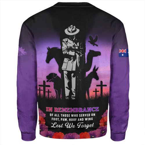 Australia Sweatshirt Anzac Day Lest We Forget War Animals Purple Poppy Australia Sweatshirt Anzac Day Lest We Forget War Animals Purple Poppy