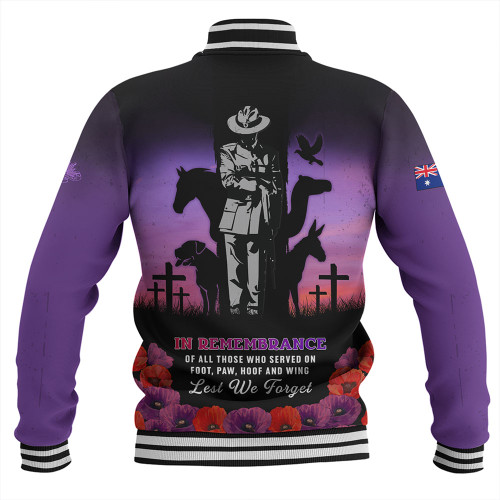 Australia Baseball Jacket Anzac Day Lest We Forget War Animals Purple Poppy Australia Baseball Jacket Anzac Day Lest We Forget War Animals Purple Poppy