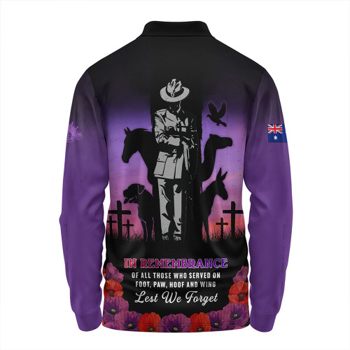 Australia Long Sleeve Polo Shirt Anzac Day Lest We Forget War Animals Purple Poppy