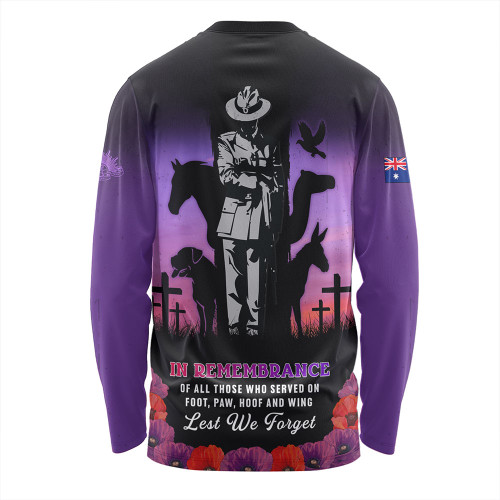 Australia Long Sleeve T-shirt Anzac Day Lest We Forget War Animals Purple Poppy Australia Long Sleeve T-shirt Anzac Day Lest We Forget War Animals Purple Poppy