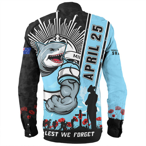 Cronulla-Sutherland Sharks Long Sleeve Shirt Anzac Day Lest We Forget Strong Fighting Spirit