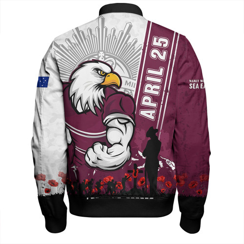 Manly Warringah Sea Eagles Bomber Jacket Anzac Day Lest We Forget Strong Fighting Spirit