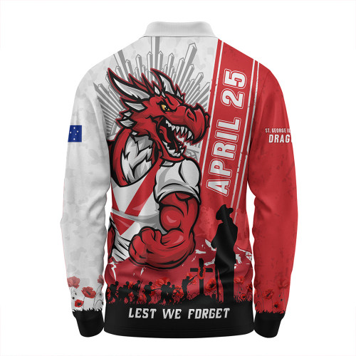 St. George Illawarra Dragons Long Sleeve Polo Shirt Anzac Day Lest We Forget Strong Fighting Spirit St. George Illawarra Dragons Long Sleeve Polo Shirt Anzac Day Lest We Forget Strong Fighting Spirit