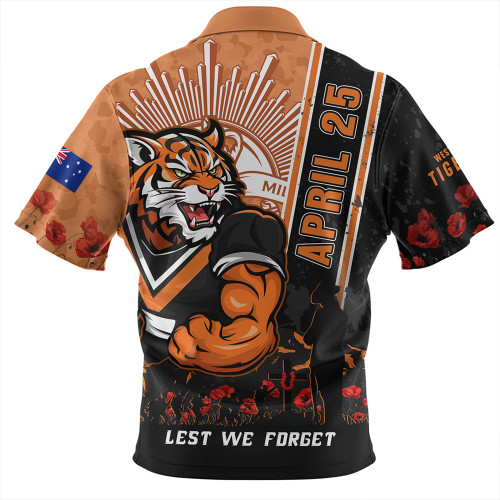 Wests Tigers Zip Polo Shirt Anzac Day Lest We Forget Strong Fighting Spirit
