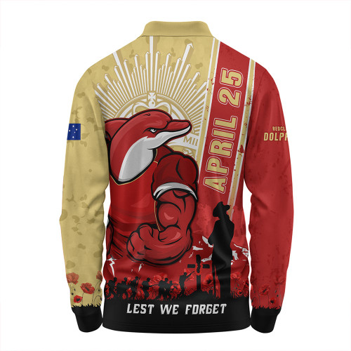Redcliffe Dolphins Long Sleeve Polo Shirt Anzac Day Lest We Forget Strong Fighting Spirit