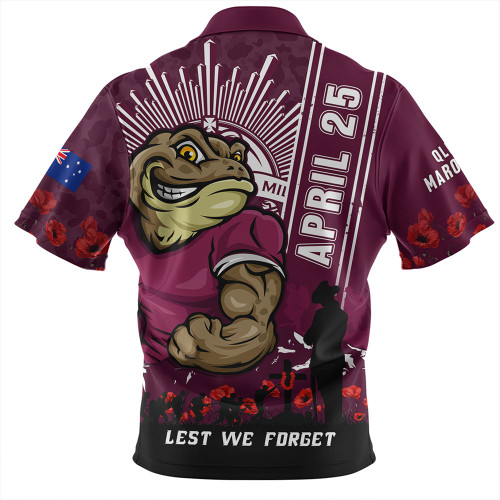 Queensland Maroons Zip Polo Shirt Anzac Day Lest We Forget Strong Fighting Spirit