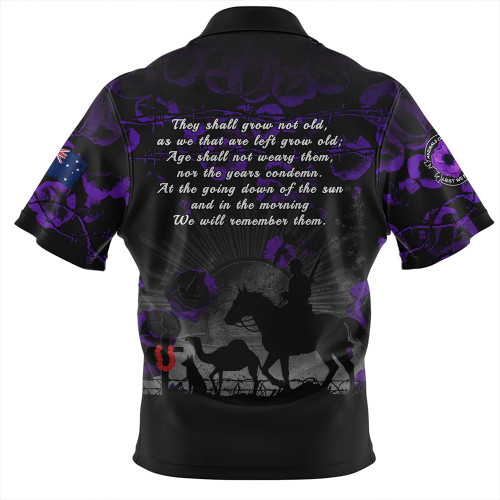 Australia Zip Polo Shirt Anzac Day Purple Poppy Tribute Remembered Together Australia Zip Polo Shirt Anzac Day Purple Poppy Tribute Remembered Together