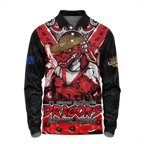 St. George Illawarra Dragons Long Sleeve Polo Shirt Ripped Legacy Of The Game The ANZAC Spirit Lives On St. George Illawarra Dragons Long Sleeve Polo Shirt Ripped Legacy Of The Game The ANZAC Spirit Lives On