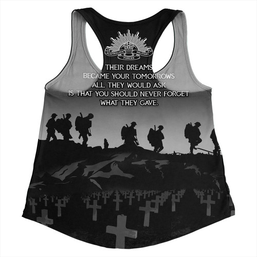 Australia Women Racerback Singlet Anzac Day Lest We Forget Battlefields Remembered