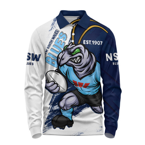 New South Wales Blues Long Sleeve Polo Shirt Battleborn Blues