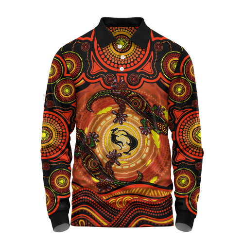 Indigenous Australian Aboriginal Long Sleeve Polo Shirt Gecko Dreaming Spirit Circle Edition