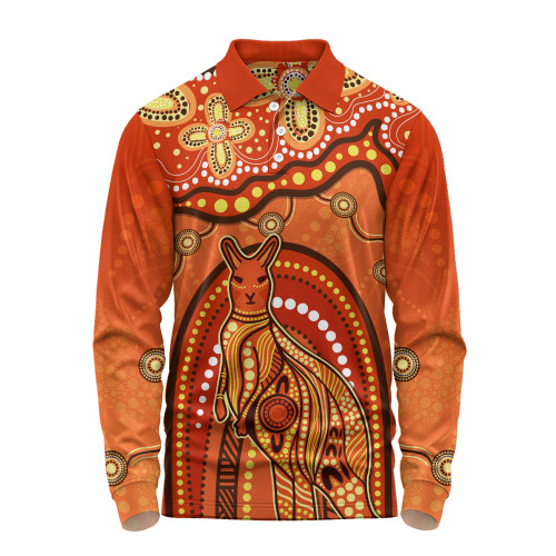 Indigenous Australian Aboriginal Long Sleeve Polo Shirt Kangaroo Dreaming Outback Spirit Edition
