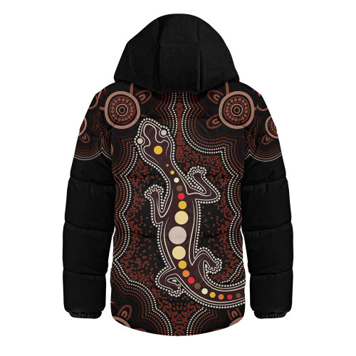 Indigenous Australian Aboriginal Hooded Padded Jacket Aboriginal Gecko Dreaming Path