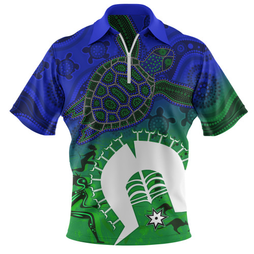 Indigenous Australian Aboriginal Zip Polo Shirt Island Heart Turtle Path