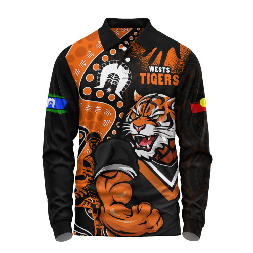 Wests Tigers Long Sleeve Polo Shirt NAIDOC Indigenous Warrior Spirit