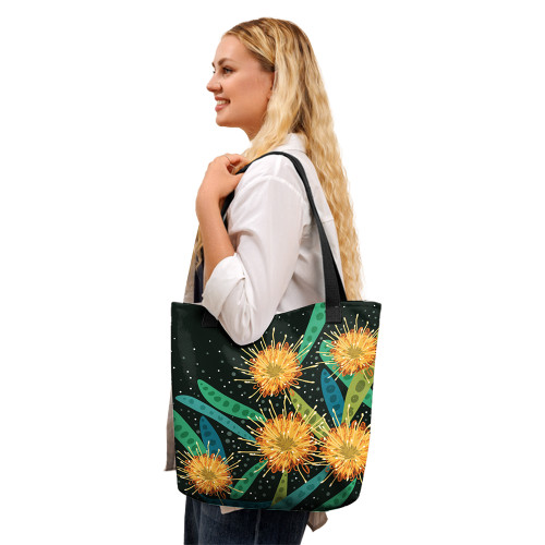Indigenous Australian Aboriginal Tote Bag Golden Blossoms Under Starry Canopy