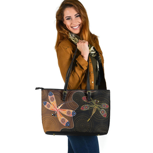 Indigenous Australian Aboriginal Leather Tote Bag Dot Dance Of The Dragonflies Indigenous Australian Aboriginal Leather Tote Bag Dot Dance Of The Dragonflies