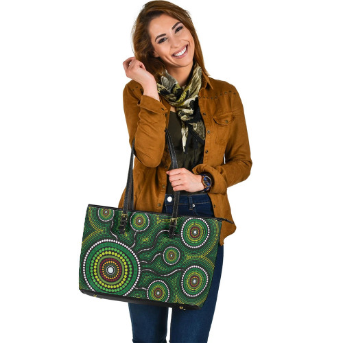 Indigenous Australian Aboriginal Leather Tote Bag Dreaming In Green Indigenous Australian Aboriginal Leather Tote Bag Dreaming In Green