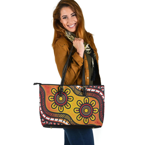 Indigenous Australian Aboriginal Leather Tote Bag Golden Dreaming Petals Indigenous Australian Aboriginal Leather Tote Bag Golden Dreaming Petals