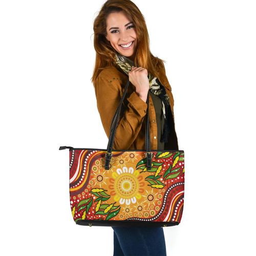 Indigenous Australian Aboriginal Leather Tote Bag Golden Sun & Eucalyptus Dreaming Indigenous Australian Aboriginal Leather Tote Bag Golden Sun & Eucalyptus Dreaming