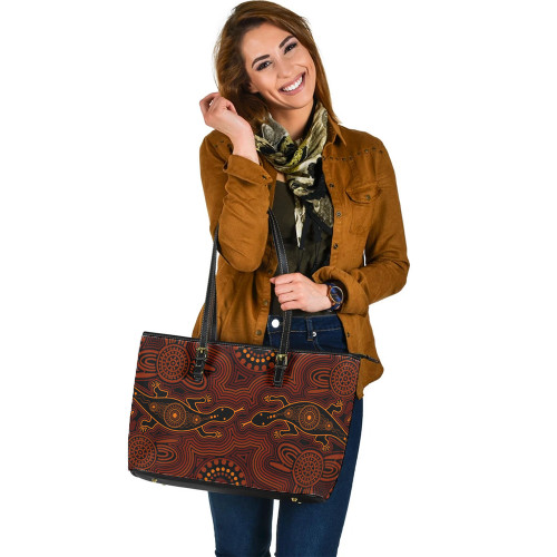 Indigenous Australian Aboriginal Leather Tote Bag Lizard Dreaming Indigenous Australian Aboriginal Leather Tote Bag Lizard Dreaming