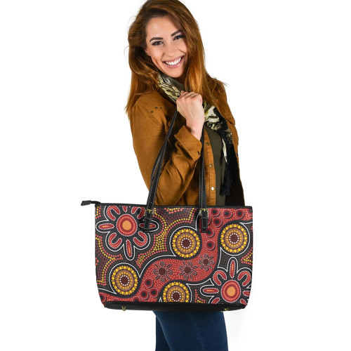 Indigenous Australian Aboriginal Leather Tote Bag Sacred Flower Path Indigenous Australian Aboriginal Leather Tote Bag Sacred Flower Path