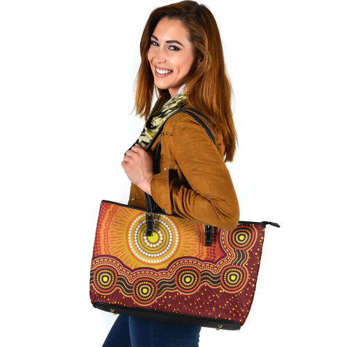 Indigenous Australian Aboriginal Leather Tote Bag Sunrise Over Country