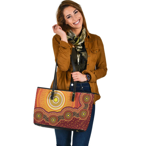 Indigenous Australian Aboriginal Leather Tote Bag Sunrise Over Country Indigenous Australian Aboriginal Leather Tote Bag Sunrise Over Country