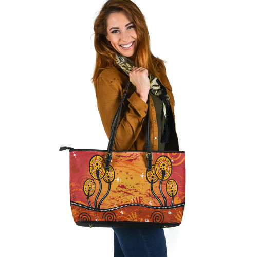 Indigenous Australian Aboriginal Leather Tote Bag Sunset Bush Blooms Indigenous Australian Aboriginal Leather Tote Bag Sunset Bush Blooms