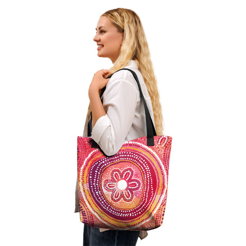 Indigenous Australian Aboriginal Tote Bag Aboriginal Pink Dreaming Flower Pathway Art Indigenous Australian Aboriginal Tote Bag Aboriginal Pink Dreaming Flower Pathway Art
