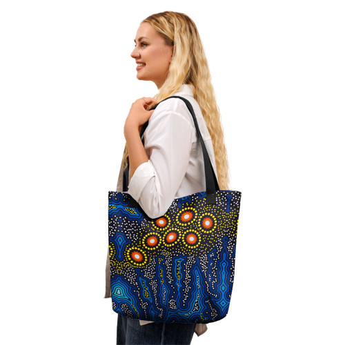 Indigenous Australian Aboriginal Tote Bag Blue River Pathways And Circle Of Ancestor Fires