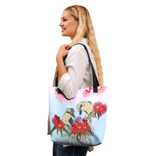 Indigenous Australian Aboriginal Tote Bag Couple Kookaburra With Eucalyptus Flower Art