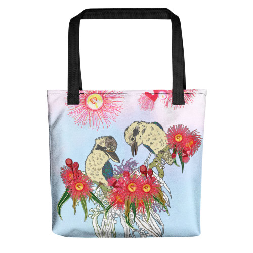 Indigenous Australian Aboriginal Tote Bag Couple Kookaburra With Eucalyptus Flower Art