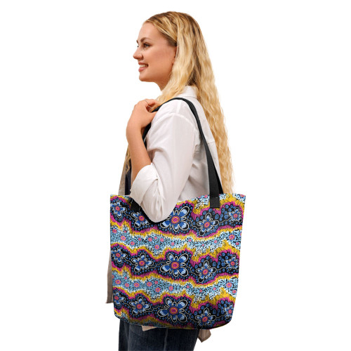 Indigenous Australian Aboriginal Tote Bag Dancing Petals Across Dreamwave Lines Sacred Indigenous Australian Aboriginal Tote Bag Dancing Petals Across Dreamwave Lines Sacred